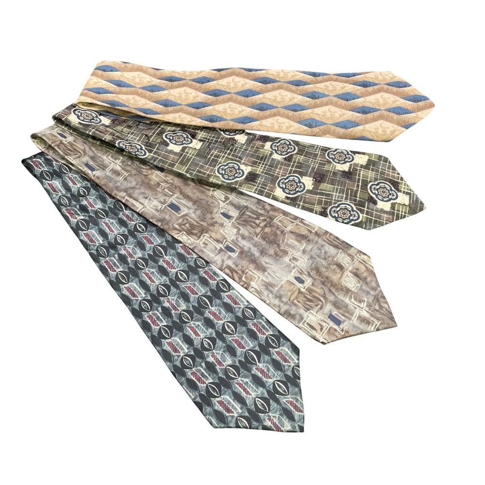 4 VTG Halston Mens Neckties Abstract Geometric USA Italian Silk & Linen Cotton